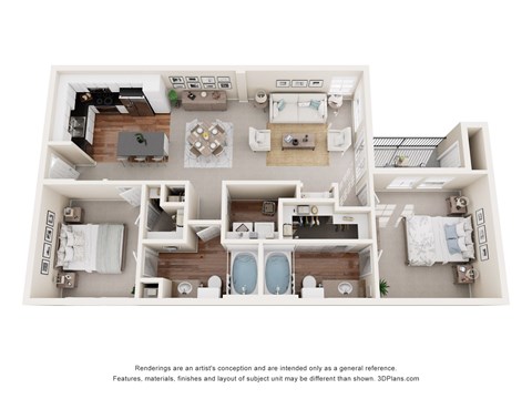 Floor plan for 2 beds, 2 baths, 1025 sqft